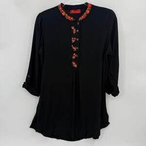 SAACHI Womens Floral Embroidered Black Tunic Shirt Size L Lightweight Cottage